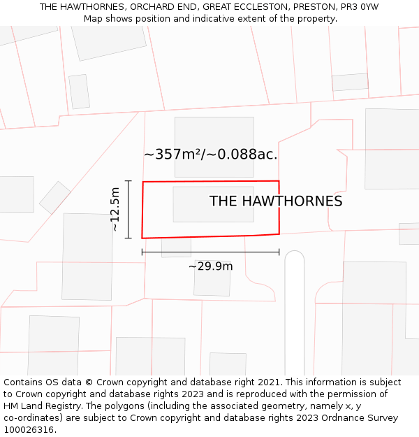 THE HAWTHORNES, ORCHARD END, GREAT ECCLESTON, PRESTON, PR3 0YW: Plot and title map