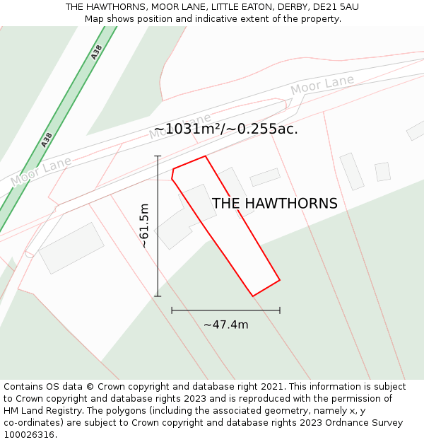 THE HAWTHORNS, MOOR LANE, LITTLE EATON, DERBY, DE21 5AU: Plot and title map