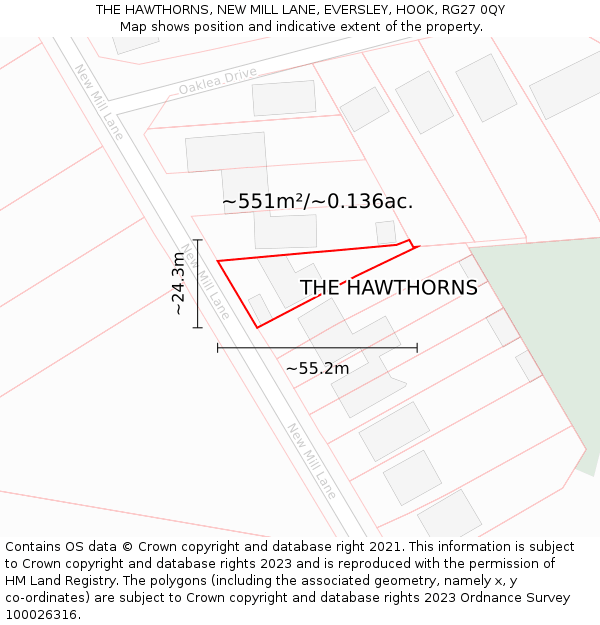 THE HAWTHORNS, NEW MILL LANE, EVERSLEY, HOOK, RG27 0QY: Plot and title map