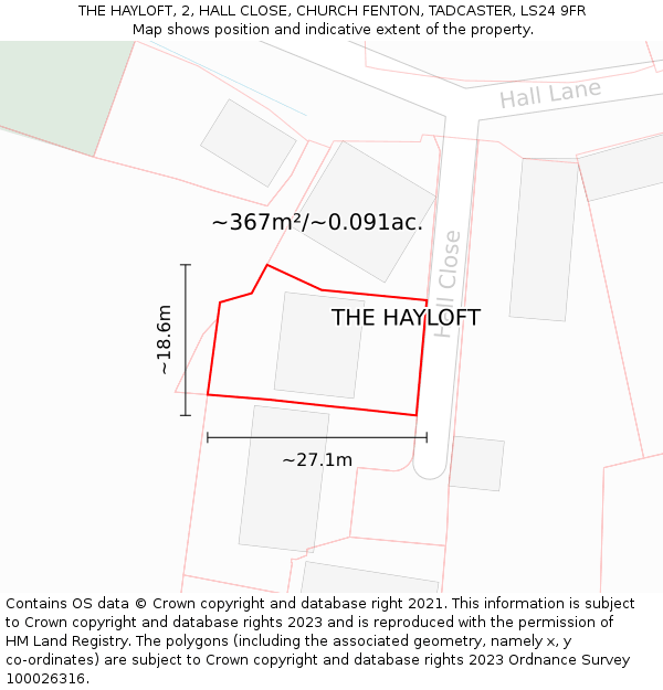 THE HAYLOFT, 2, HALL CLOSE, CHURCH FENTON, TADCASTER, LS24 9FR: Plot and title map