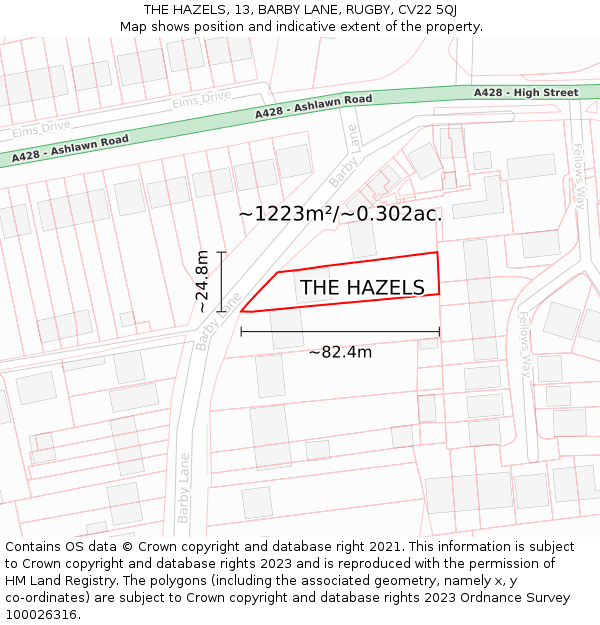 THE HAZELS, 13, BARBY LANE, RUGBY, CV22 5QJ: Plot and title map