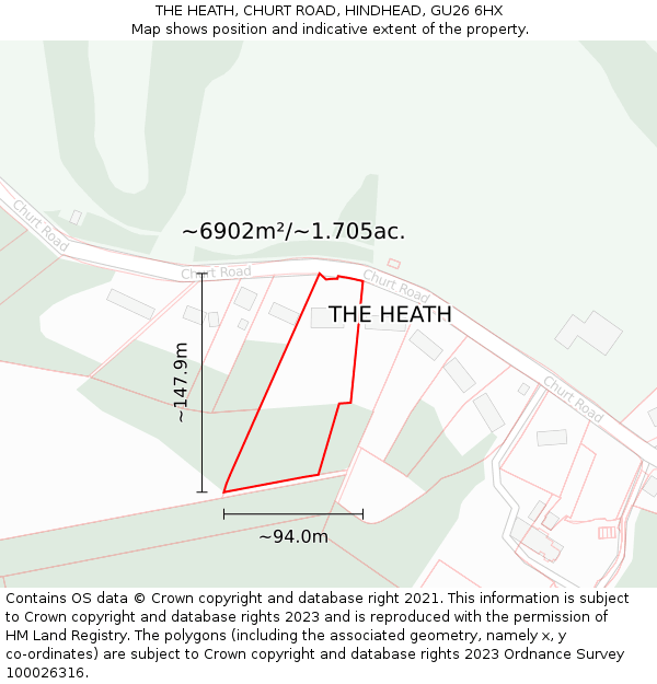 THE HEATH, CHURT ROAD, HINDHEAD, GU26 6HX: Plot and title map