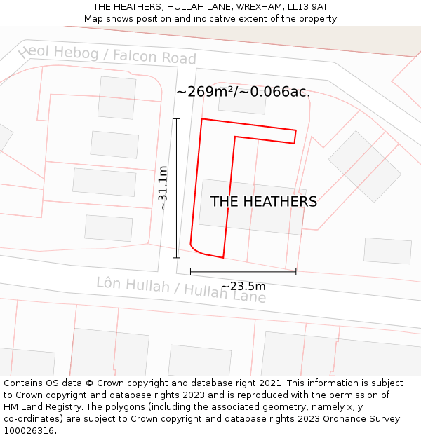 THE HEATHERS, HULLAH LANE, WREXHAM, LL13 9AT: Plot and title map