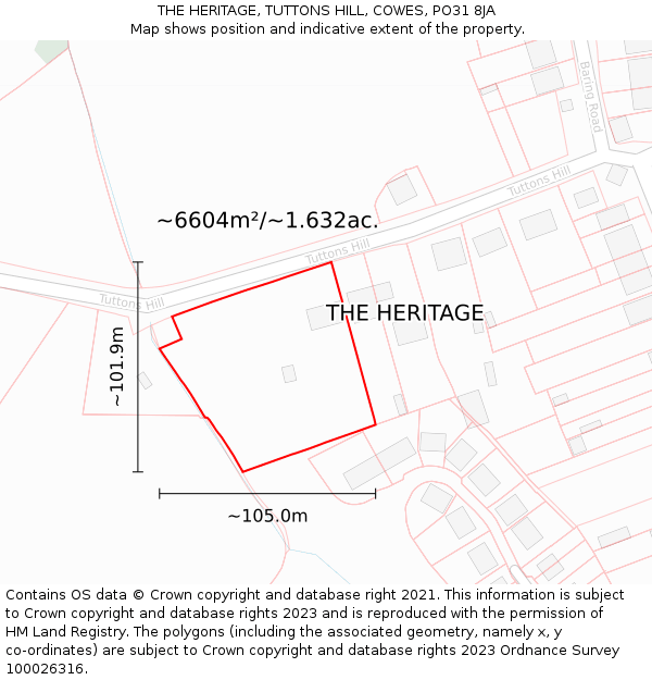 THE HERITAGE, TUTTONS HILL, COWES, PO31 8JA: Plot and title map