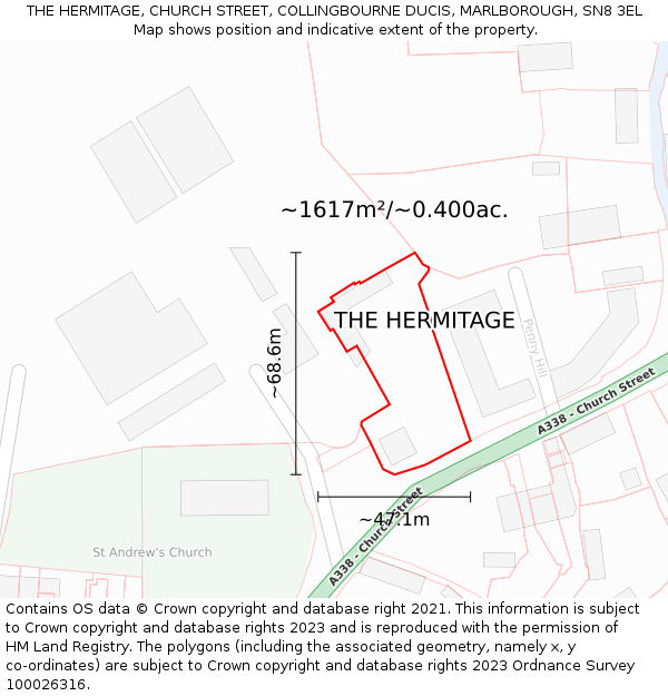 THE HERMITAGE, CHURCH STREET, COLLINGBOURNE DUCIS, MARLBOROUGH, SN8 3EL: Plot and title map