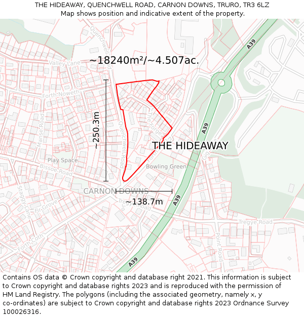 THE HIDEAWAY, QUENCHWELL ROAD, CARNON DOWNS, TRURO, TR3 6LZ: Plot and title map