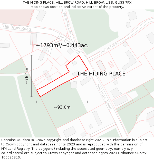 THE HIDING PLACE, HILL BROW ROAD, HILL BROW, LISS, GU33 7PX: Plot and title map