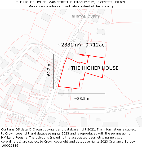 THE HIGHER HOUSE, MAIN STREET, BURTON OVERY, LEICESTER, LE8 9DL: Plot and title map