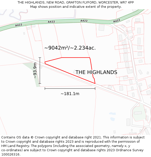 THE HIGHLANDS, NEW ROAD, GRAFTON FLYFORD, WORCESTER, WR7 4PP: Plot and title map