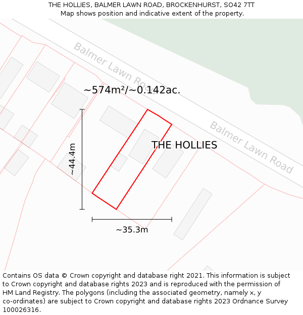 THE HOLLIES, BALMER LAWN ROAD, BROCKENHURST, SO42 7TT: Plot and title map