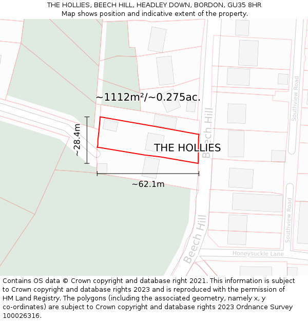 THE HOLLIES, BEECH HILL, HEADLEY DOWN, BORDON, GU35 8HR: Plot and title map