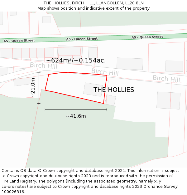 THE HOLLIES, BIRCH HILL, LLANGOLLEN, LL20 8LN: Plot and title map