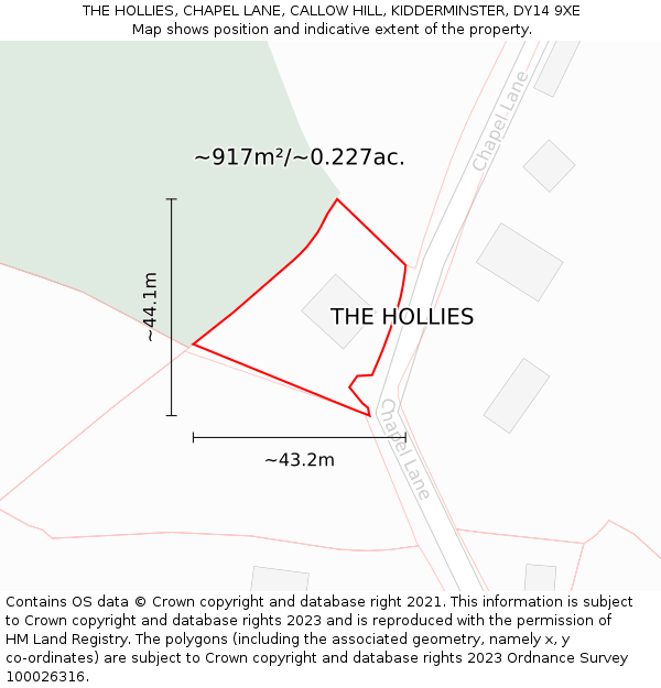 THE HOLLIES, CHAPEL LANE, CALLOW HILL, KIDDERMINSTER, DY14 9XE: Plot and title map