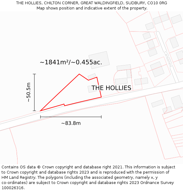 THE HOLLIES, CHILTON CORNER, GREAT WALDINGFIELD, SUDBURY, CO10 0RG: Plot and title map