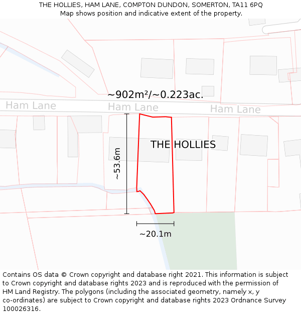 THE HOLLIES, HAM LANE, COMPTON DUNDON, SOMERTON, TA11 6PQ: Plot and title map