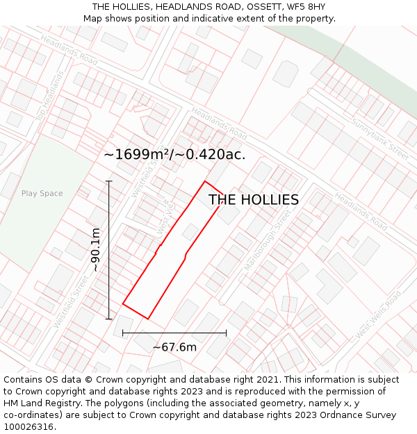 THE HOLLIES, HEADLANDS ROAD, OSSETT, WF5 8HY: Plot and title map