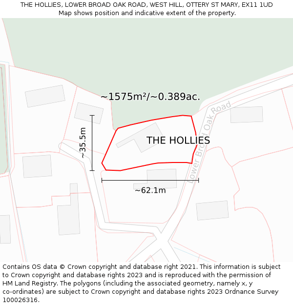 THE HOLLIES, LOWER BROAD OAK ROAD, WEST HILL, OTTERY ST MARY, EX11 1UD: Plot and title map