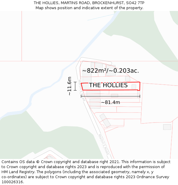 THE HOLLIES, MARTINS ROAD, BROCKENHURST, SO42 7TP: Plot and title map