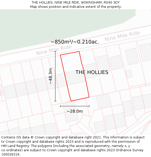 THE HOLLIES, NINE MILE RIDE, WOKINGHAM, RG40 3DY: Plot and title map