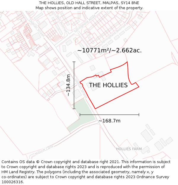 THE HOLLIES, OLD HALL STREET, MALPAS, SY14 8NE: Plot and title map