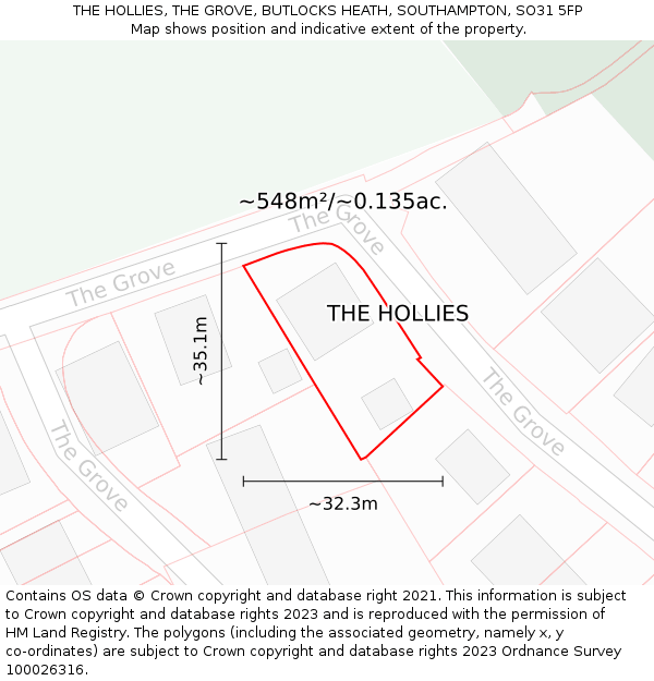 THE HOLLIES, THE GROVE, BUTLOCKS HEATH, SOUTHAMPTON, SO31 5FP: Plot and title map