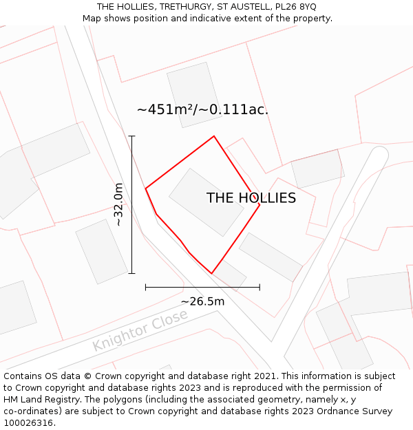 THE HOLLIES, TRETHURGY, ST AUSTELL, PL26 8YQ: Plot and title map