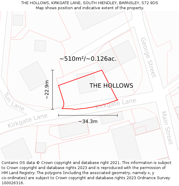 THE HOLLOWS, KIRKGATE LANE, SOUTH HIENDLEY, BARNSLEY, S72 9DS: Plot and title map