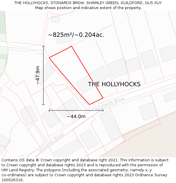 THE HOLLYHOCKS, STONARDS BROW, SHAMLEY GREEN, GUILDFORD, GU5 0UY: Plot and title map