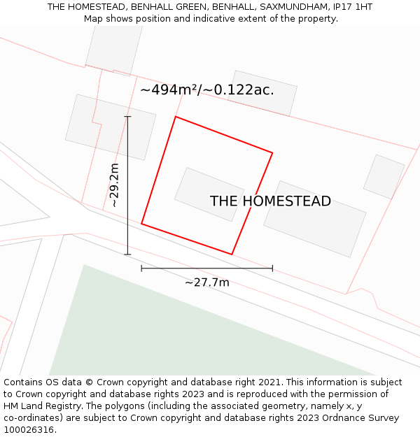 THE HOMESTEAD, BENHALL GREEN, BENHALL, SAXMUNDHAM, IP17 1HT: Plot and title map