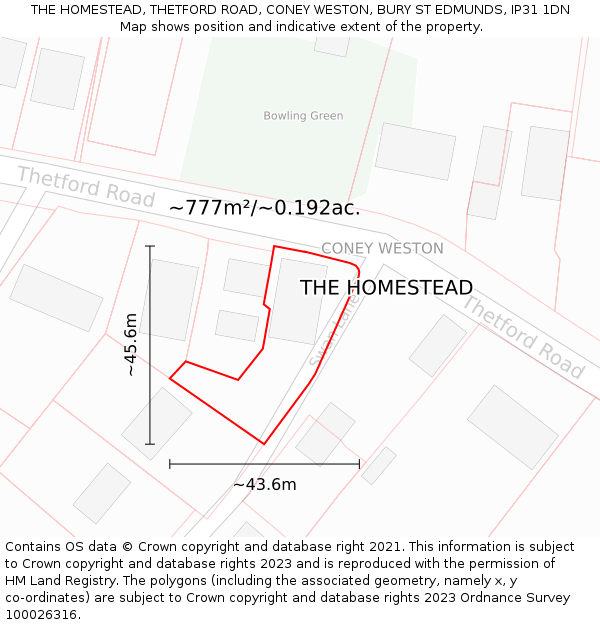 THE HOMESTEAD, THETFORD ROAD, CONEY WESTON, BURY ST EDMUNDS, IP31 1DN: Plot and title map