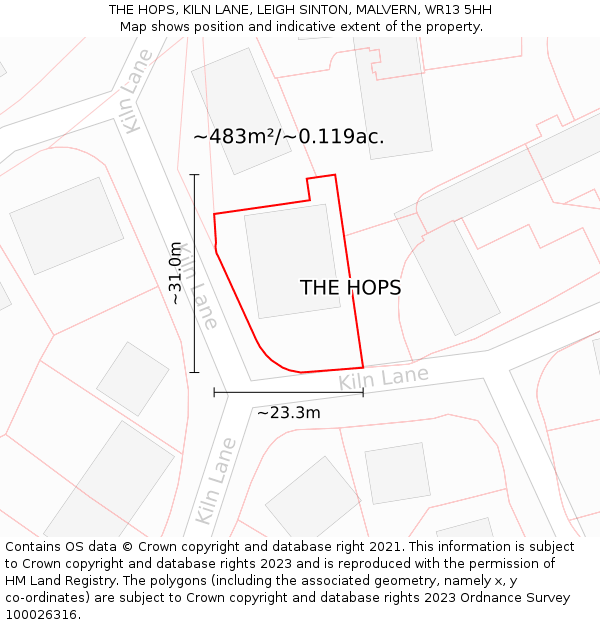 THE HOPS, KILN LANE, LEIGH SINTON, MALVERN, WR13 5HH: Plot and title map