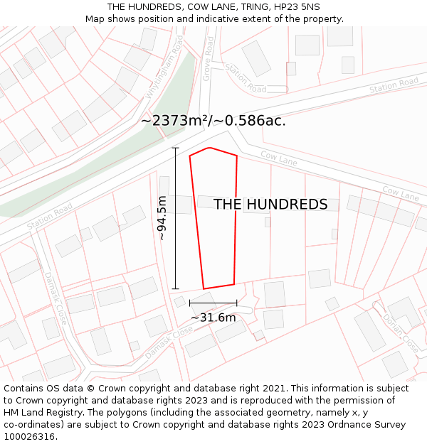 THE HUNDREDS, COW LANE, TRING, HP23 5NS: Plot and title map