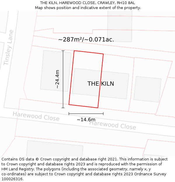 THE KILN, HAREWOOD CLOSE, CRAWLEY, RH10 8AL: Plot and title map