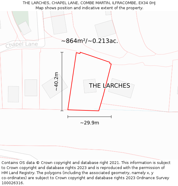 THE LARCHES, CHAPEL LANE, COMBE MARTIN, ILFRACOMBE, EX34 0HJ: Plot and title map