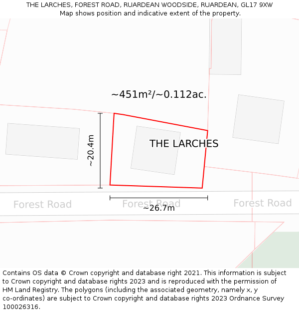 THE LARCHES, FOREST ROAD, RUARDEAN WOODSIDE, RUARDEAN, GL17 9XW: Plot and title map