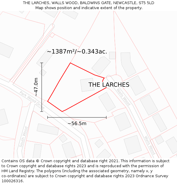 THE LARCHES, WALLS WOOD, BALDWINS GATE, NEWCASTLE, ST5 5LD: Plot and title map