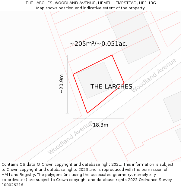 THE LARCHES, WOODLAND AVENUE, HEMEL HEMPSTEAD, HP1 1RG: Plot and title map