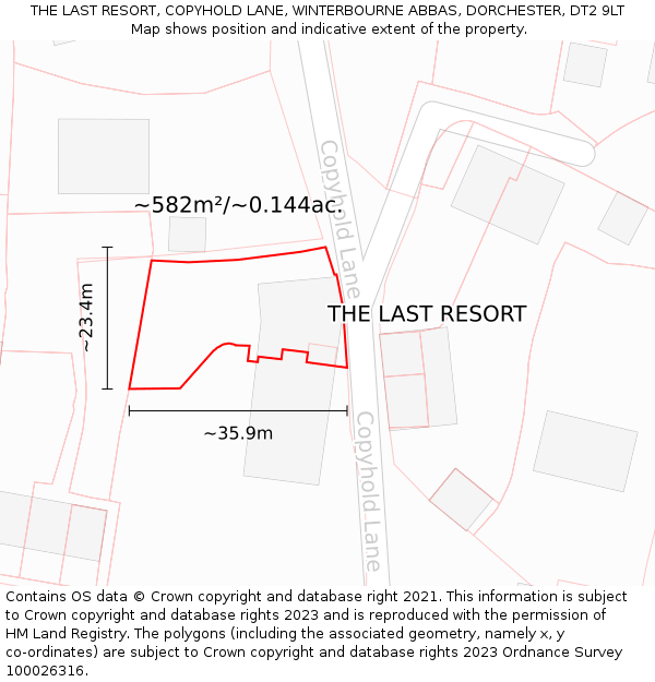 THE LAST RESORT, COPYHOLD LANE, WINTERBOURNE ABBAS, DORCHESTER, DT2 9LT: Plot and title map