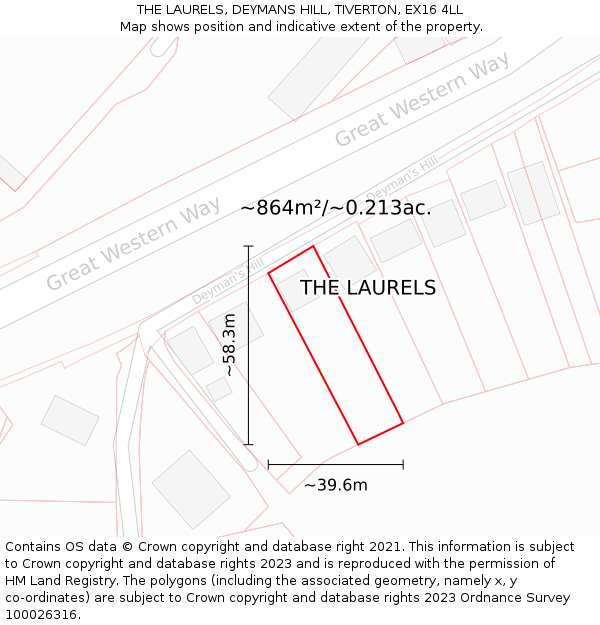 THE LAURELS, DEYMANS HILL, TIVERTON, EX16 4LL: Plot and title map