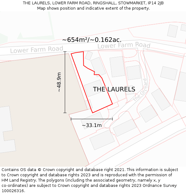 THE LAURELS, LOWER FARM ROAD, RINGSHALL, STOWMARKET, IP14 2JB: Plot and title map