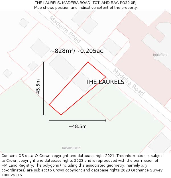 THE LAURELS, MADEIRA ROAD, TOTLAND BAY, PO39 0BJ: Plot and title map