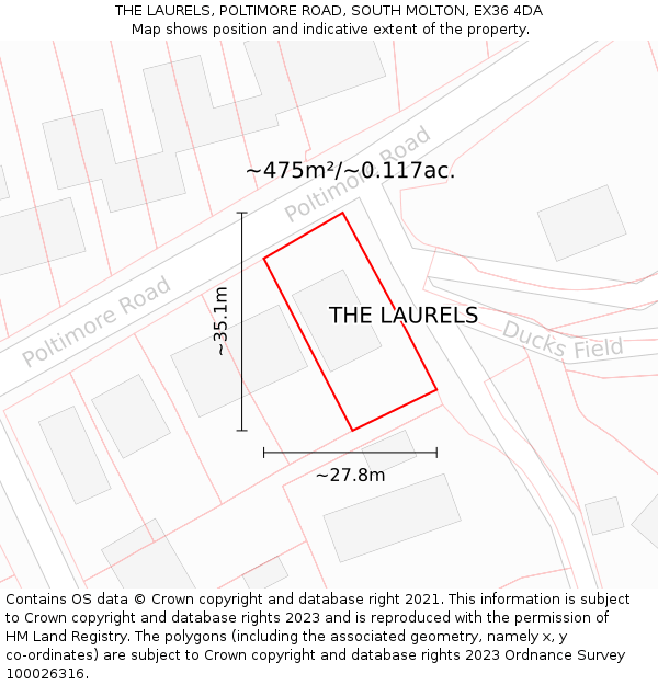 THE LAURELS, POLTIMORE ROAD, SOUTH MOLTON, EX36 4DA: Plot and title map