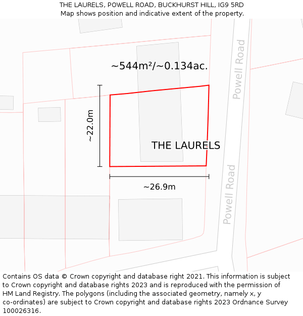 THE LAURELS, POWELL ROAD, BUCKHURST HILL, IG9 5RD: Plot and title map
