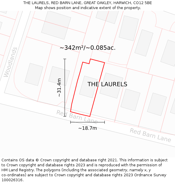 THE LAURELS, RED BARN LANE, GREAT OAKLEY, HARWICH, CO12 5BE: Plot and title map