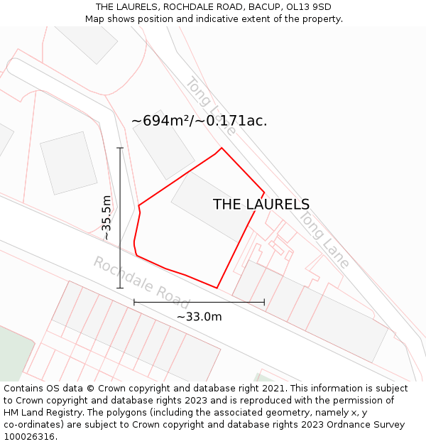 THE LAURELS, ROCHDALE ROAD, BACUP, OL13 9SD: Plot and title map