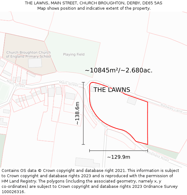 THE LAWNS, MAIN STREET, CHURCH BROUGHTON, DERBY, DE65 5AS: Plot and title map
