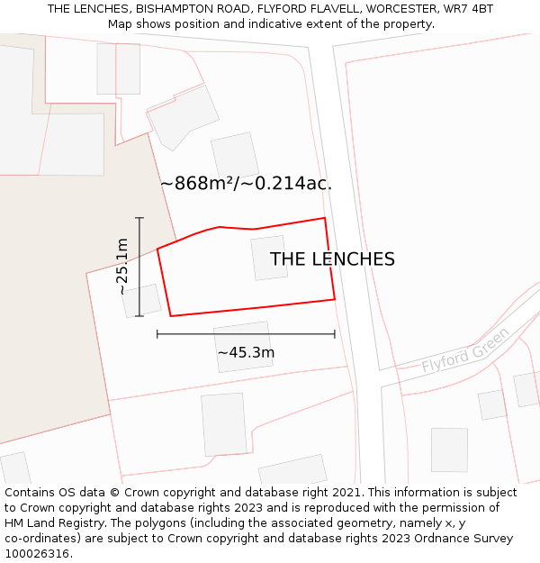 THE LENCHES, BISHAMPTON ROAD, FLYFORD FLAVELL, WORCESTER, WR7 4BT: Plot and title map