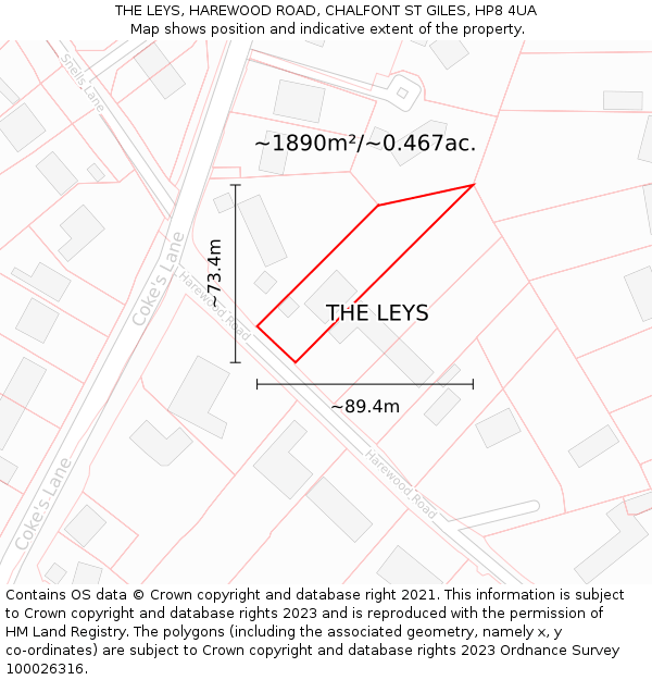 THE LEYS, HAREWOOD ROAD, CHALFONT ST GILES, HP8 4UA: Plot and title map