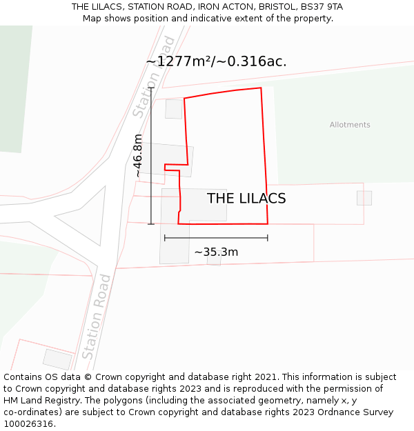 THE LILACS, STATION ROAD, IRON ACTON, BRISTOL, BS37 9TA: Plot and title map