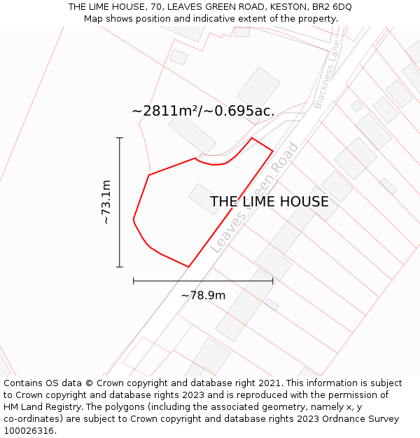 THE LIME HOUSE, 70, LEAVES GREEN ROAD, KESTON, BR2 6DQ: Plot and title map